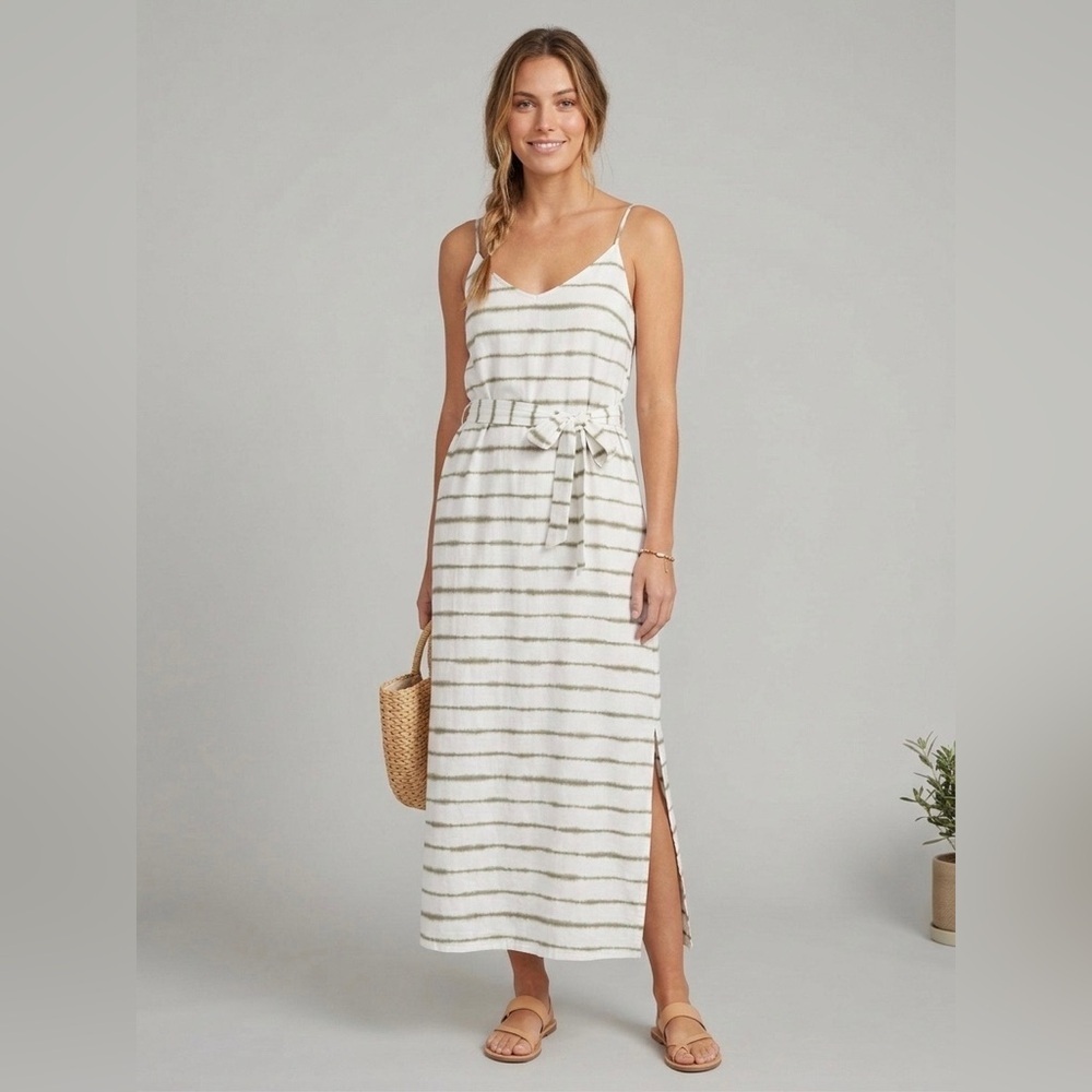 Carve Designs White and Olive Striped Maxi Dress with Belt size M
